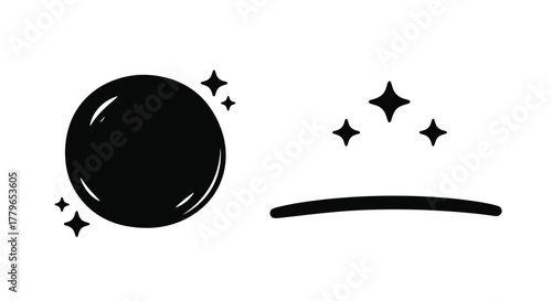 A simple black doodle of a sad planet with sparkling star details