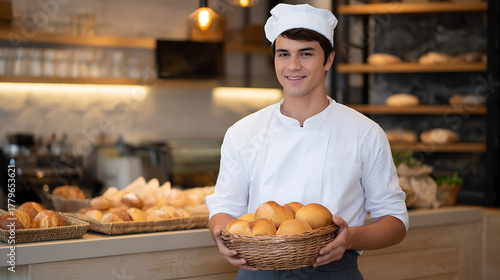 Smiling baker in white uniform holding freshly baked bread in a rustic bakery setting.
