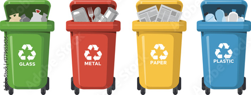 Color coded recycling bins for glass, metal, paper, plastic waste segregation, eco friendly containers, sustainability awareness, cad drawing flat vector illustration