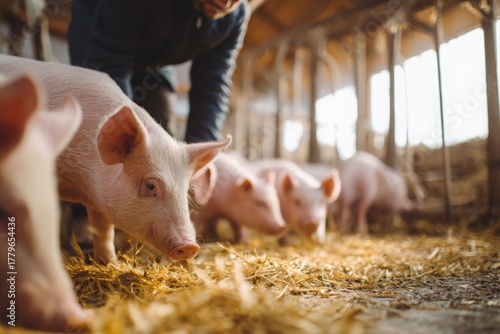 A group of curious piglets exploring a pig pen, with a farmer tending to their needs and ensuring their well-being in a warm, bright and cozy indoor farm environment.