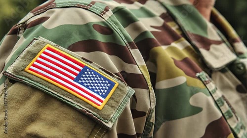 Close‑Up of U.S. Military Uniform Sleeve with American Flag Patch in Camouflage Pattern