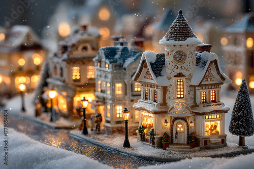 Fototapeta Naklejka Na Ścianę i Meble -  The winter christmas village is a beautiful sight. The snow is falling gently and the lights are shining brightly. The houses are covered in sparkling white, and the streets are lined with trees. It's