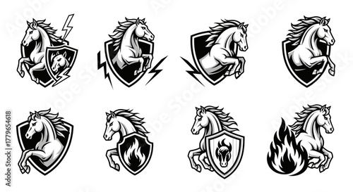 Collection of horse emblems featuring rearing horses with lightning, flames, and shields in black and white.