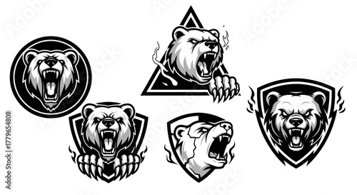 Five stylized illustrations of a roaring bear's head, showcasing different geometric shapes.
