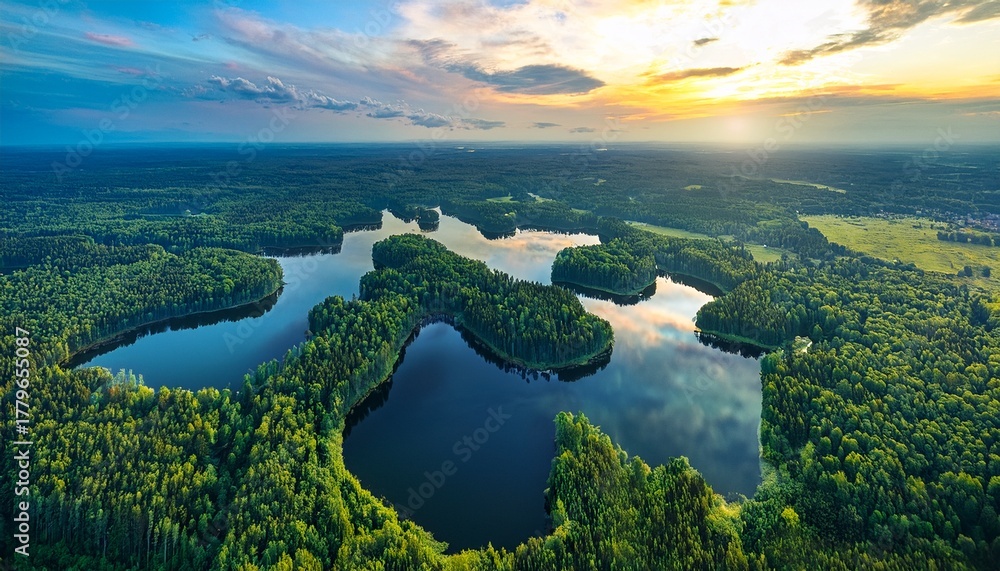 Fototapeta premium Aerial View Of Dense Green Forest With World Map Shaped Reflective Lakes At Sunrise