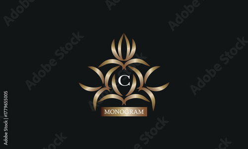 Elegant monogram design template with letter C in the center and place for text. Company brand design, emblem, invitation, label, business sign.
