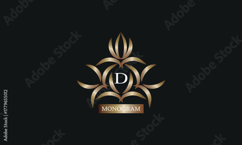 Elegant monogram design template with letter D in the center and place for text. Company brand design, emblem, invitation, label, business sign.