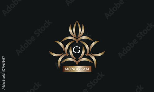 Elegant monogram design template with letter G in the center and place for text. Company brand design, emblem, invitation, label, business sign.