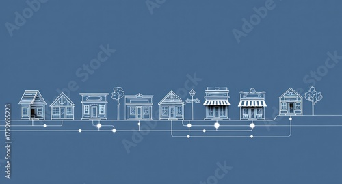 Fototapeta Naklejka Na Ścianę i Meble -  White line drawings of small town buildings connected by network lines.