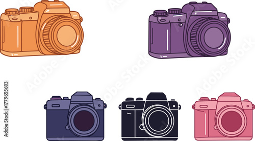 Colorful vintage camera illustration set, retro photography equipment icons, minimal flat vector design, artistic sketch style, cad drawing collection