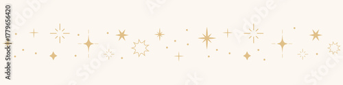 Celestial star border, golden line sparkle divider, simple elegant ornament. Festive shiny space elements. Magic separator, spiritual decoration.