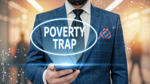 Businessman Holding Phone Displays Poverty Trap Concept