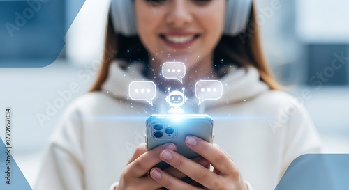 Woman wearing headphones interacting with a chatbot on her smartphone, symbolizing ai communication and digital assistance