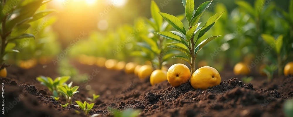 Fototapeta premium Young citrus plants grow in dark soil rows. Ripe oranges sit on ground near fresh saplings. Sun shines warmly on lush green leaves and fruit crop.