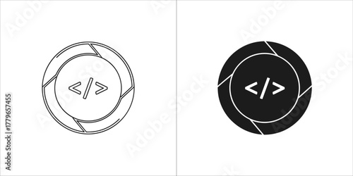 Programming code icon in circle in black and white