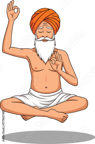 Cartoon guru meditation illustration, levitating yogi character with orange turban, spiritual mindfulness concept, mystical artwork, cad drawing flat vector illustration