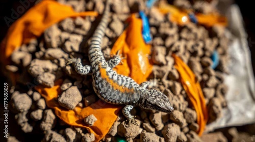 Small lizard crawls over plastic waste in arid environment under warm sunlight showcasing wildlife amid pollution