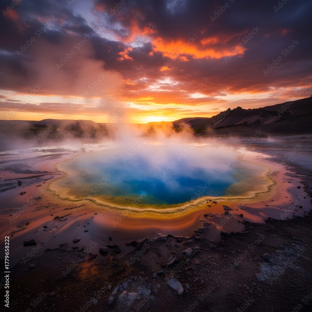 Fototapeta premium Vibrant geothermal hot spring with steaming water against a dramatic sunset sky