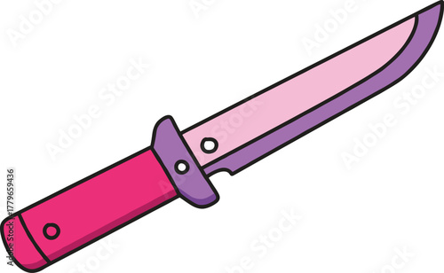 Cartoon knife illustration, pink blade design, red handle art, purple guard detail, flat vector style, bold outline graphic, CAD drawing, digital artwork