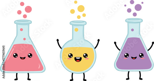 Cartoon laboratory flasks with smiling faces, colorful chemical reactions, playful science experiment illustration, educational chemistry design, cad drawing flat vector illustration