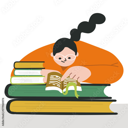 Happy girl student with book. University knowledge, education, science research concept. Vector hand drawn illustration.