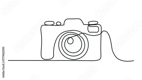 Camera icon in continuous line drawing style. Line art of photo camera icon. Vector illustration. Abstract background
