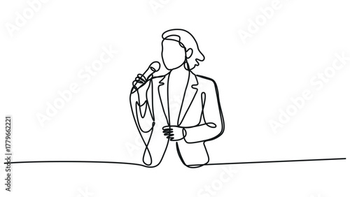 Elegant One Line Singer Illustration – Minimalist Art of a Performer Holding a Microphone in Continuous Red Line Drawing Style