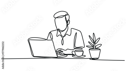 Minimalist Line Art of a Person Working on Laptop