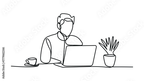 Minimalist Line Art of a Person Working on Laptop