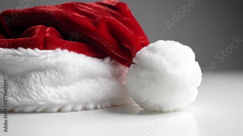 Red Santa Hat with Fluffy Trim on White Surface