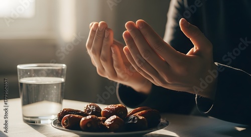 Hands in prayer with dates and water, symbolizing spiritual devotion, fasting, and religious tradition