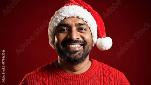 Happy Man in Red Sweater and Santa Hat Smiling
