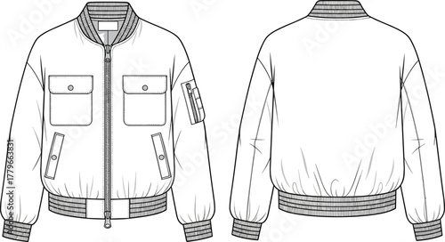 Bomber jacket technical flat sketch, front and back CAD drawing, chest flap pockets and sleeve zip detail, vector apparel design illustration