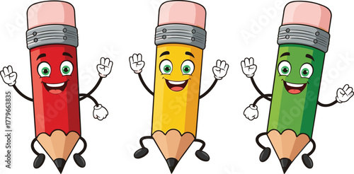 Cartoon pencils with smiling faces, colorful vector illustration, flat design, educational concept, funny anthropomorphic school supplies drawing for children learning