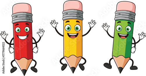 Cartoon pencils with smiling faces, colorful vector illustration, flat design, educational concept, funny anthropomorphic school supplies drawing for children learning materials