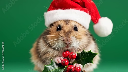 Hamster in Santa Hat Holding Holly Against Green Background