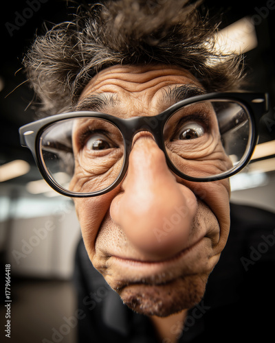 Close-up humorous portrait of a man with exaggerated facial features wearing large glasses, making a silly expression, captured with a wide-angle lens in an indoor setting.