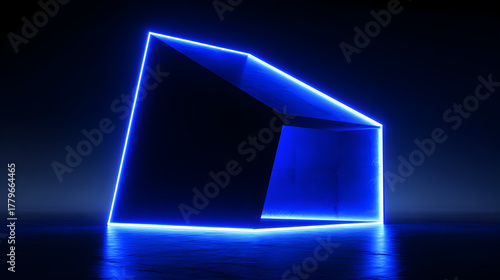 Fototapeta Naklejka Na Ścianę i Meble -  A dark, futuristic cube structure outlined with vibrant blue neon light, reflecting on a wet, glossy surface