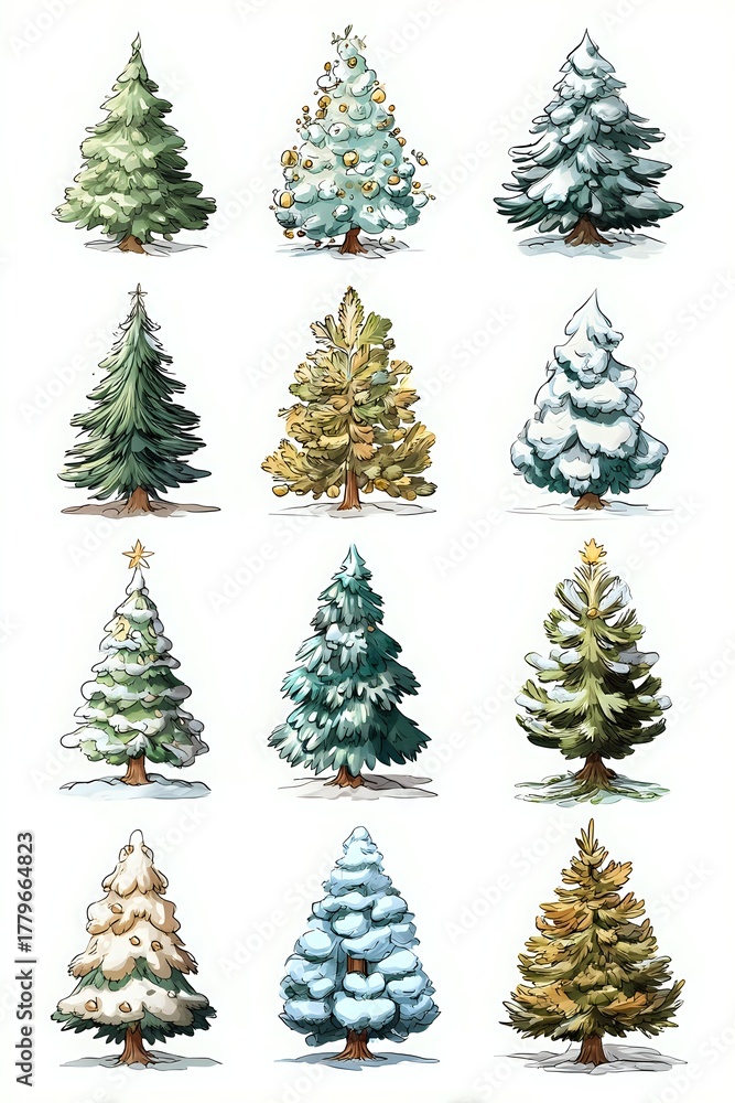 Obraz premium Watercolor collection of twelve different evergreen trees in various styles, colors and seasonal appearances for holiday designs.