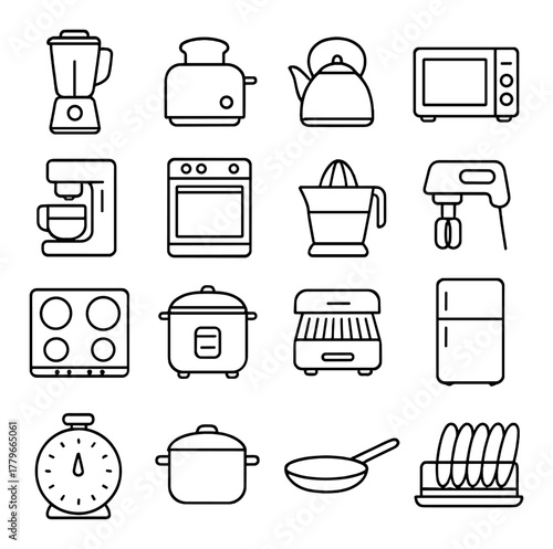 Minimalist kitchen appliance icons featuring blender toaster kettle and more