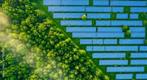 Aerial view of solar panels adjacent to a lush green forest, highlighting renewable energy integration with nature