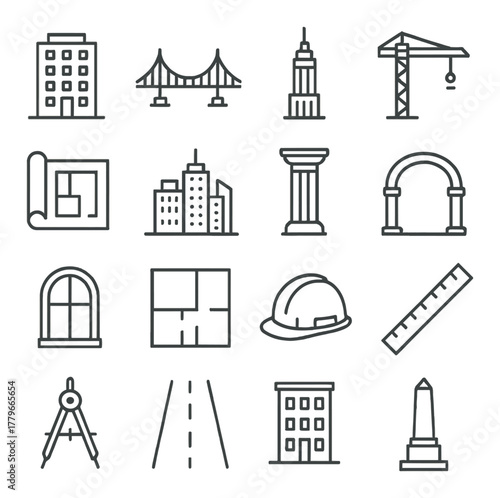 Architectural icons set: buildings, bridges, tools, plans, monuments