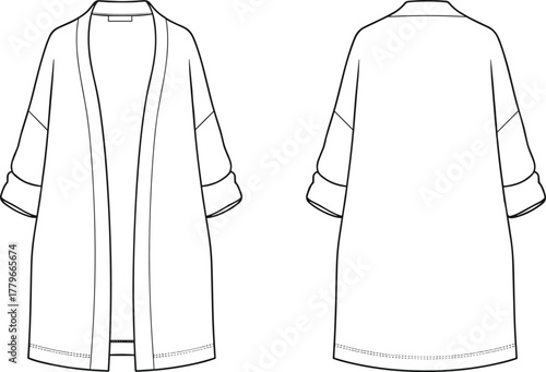 Long cardigan technical flat sketch, open front coat fashion CAD drawing, vector apparel template, relaxed outerwear garment design illustration for industry