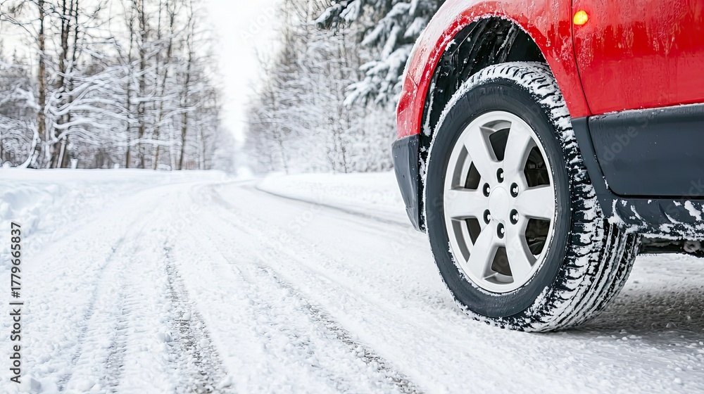 Naklejka premium A silver car rests on a snowy road with tire tracks visible, surrounded by trees and a bright winter sky