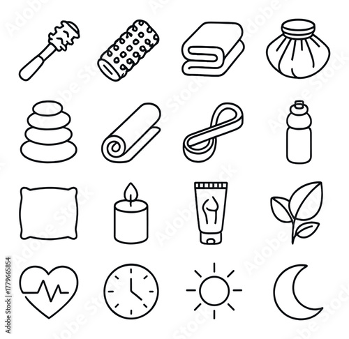 Spa and wellness icon set featuring candle, towel, and essential oil bottle for relaxation