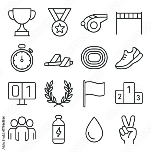 Sports equipment icons set: trophy whistle shoes stopwatch and more