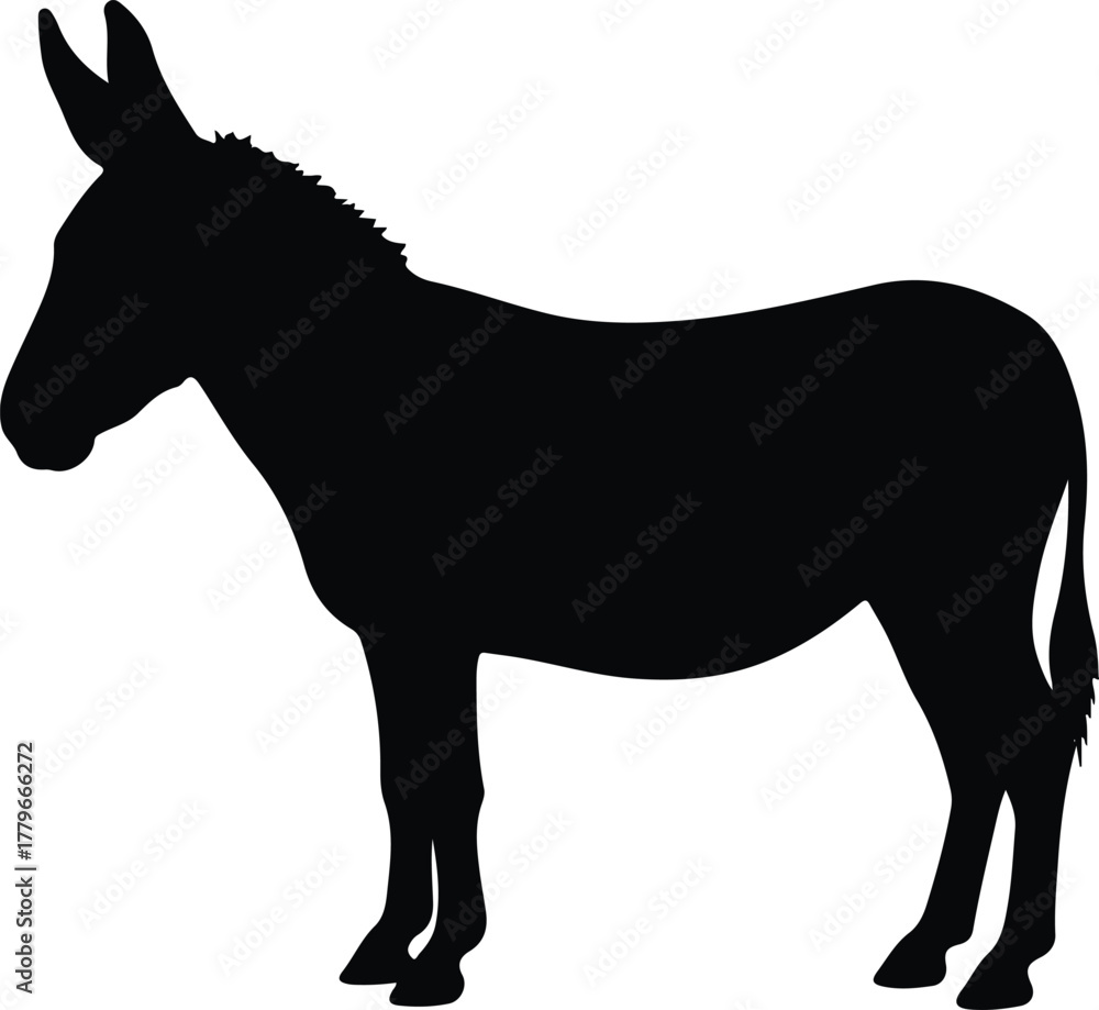 Obraz premium Silhouette of a donkey standing in profile vector illustration isolated on white background