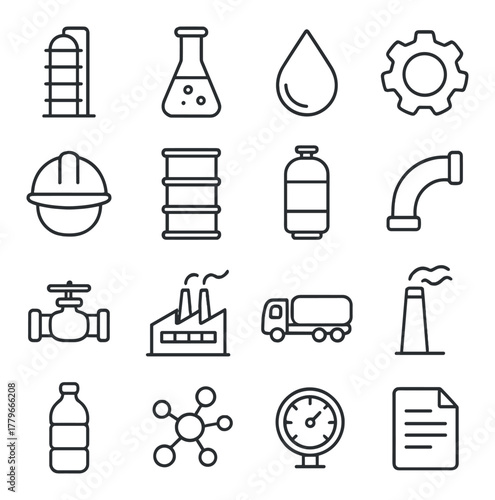 Industrial icon set featuring laboratory flasks, gears, and pipelines on gray background