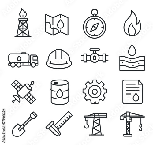 Oil industry icons set featuring equipment and tools for exploration and extraction