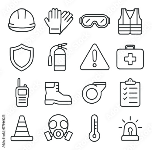 Essential safety equipment icons: helmet, gloves, goggles, vest, shield, fire extinguisher, and more
